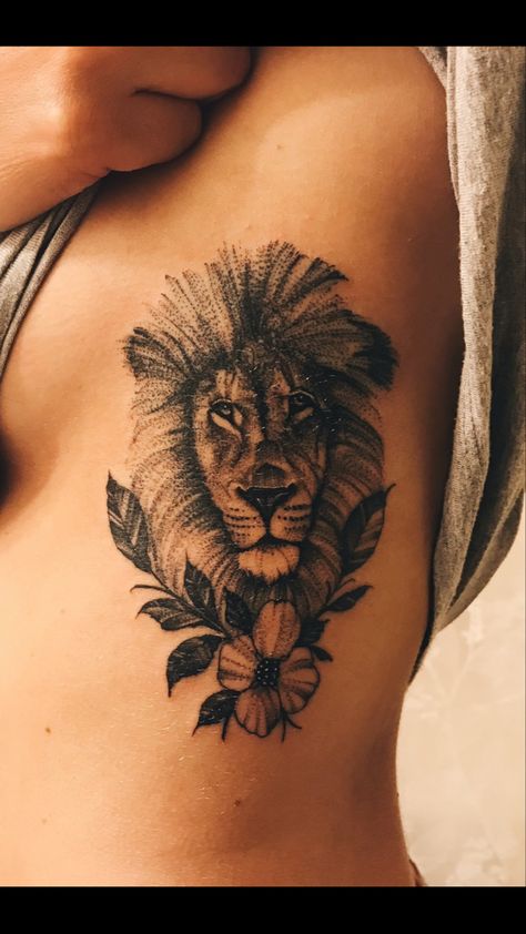 Lion Rib Tattoo, Simple Lion Tattoo, Lion Hand Tattoo, Sun Tattoo Designs, Tattoos For Women Flowers, Sun Tattoo, Rib Tattoo, Lion Tattoo, Ink Tattoo