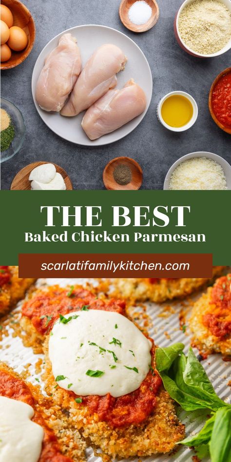 This easy oven-baked chicken parmesan recipe is the ultimate comfort food. Perfectly crispy chicken baked in the oven and topped with a hearty sauce and melty mozzarella. The best Sunday dinner! Oven Baked Chicken Parmesan Recipe, Undercooked Chicken, Easy Oven Baked Chicken, Chicken Parmesan Recipe Baked, Oven Baked Chicken Parmesan, Chicken Parmesan Recipe, Roasted Artichoke, Chicken Baked, Parmesan Recipe