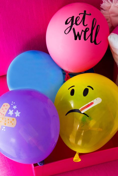 Sick Day Balloon Care Pack Decoration With Balloons, Rose Flowers Drawing, Get Well Balloons, Halloween Care Packages, Birthday Care Packages, Ideas Regalos, Care Pack, Sick Day, Balloon Arrangements