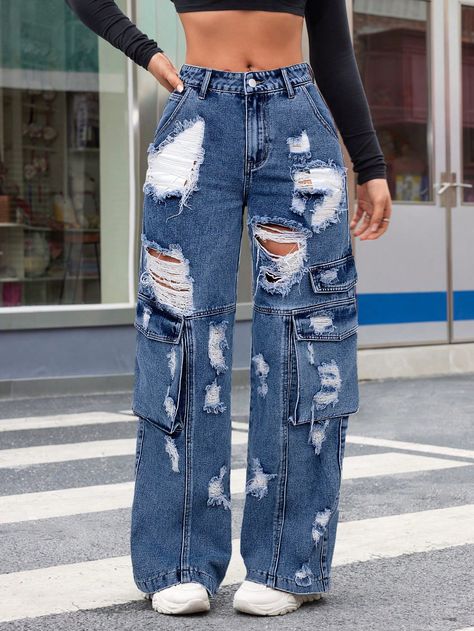 Women's Fashionable Punk Style Ripped Denim Jumpsuit, Wide Leg Jeans Dark Wash Casual   Denim Plain Wide Leg Non-Stretch  Women Clothing, size features are:Bust: ,Length: ,Sleeve Length: Fancy Pants Outfit, Tomboy Stil, Cute Ripped Jeans, Street Style Outfits Casual, Adrette Outfits, Outfits Con Jeans, Urban Apparel, Moda Denim