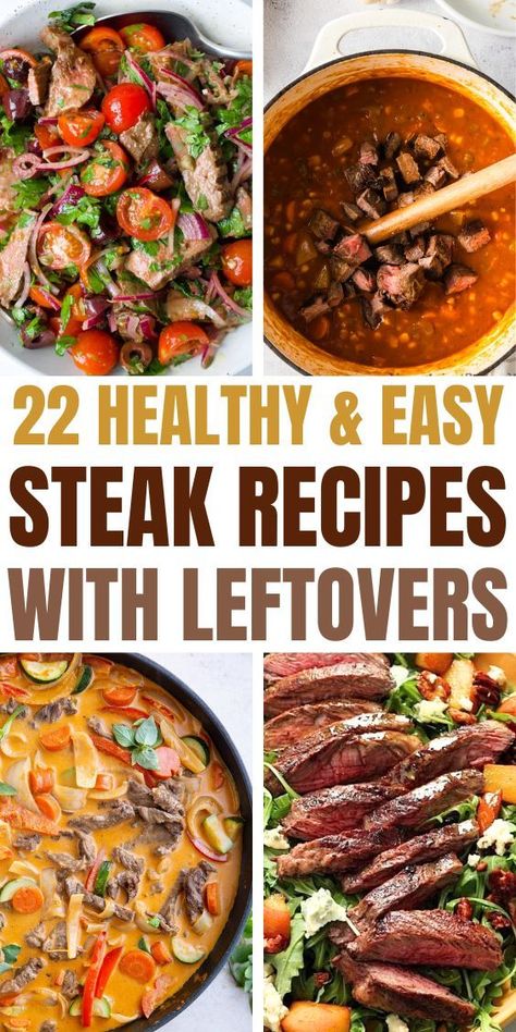 22 Healthy Leftover Steak Recipes and four photos including leftover steak salad, steak stew, curry soup, and another salad with caramelised peach Meals Using Steak Meat, Recipes With Leftover Tri Tip, Things To Do With Ribeye Steak, Leftover Ribeye Recipes, What To Do With Skirt Steak, Sirloin Tip Steak Tacos, Recipes For Leftover Steak Ideas, Leftover Steak And Eggs, Leftover Steak Tacos