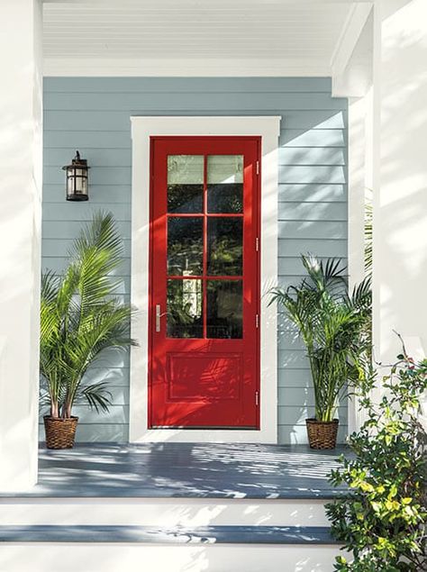 red paint colors for front door Light Blue Houses, Red Door House, Nimbus Gray, Benjamin Moore Exterior, Red Paint Colors, Best Front Doors, Red Front Door, Front Door Paint Colors, Painted Door