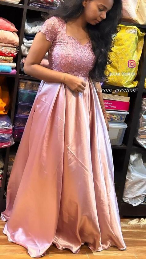 Long Frock Designs Fancy, Designer Pink Dress, Satin Silk Dress Indian, Satin Long Frocks Indian, Space Silk Long Frock, Goun Pic Design Simple, Satin Frock Design, Satin Gown Designs Indian, Simple Maxi Dress Casual