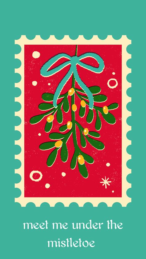 Post Card Christmas, Festive Poster Design, New Year Card Illustration, Christmas Postcard Illustration, Retro Christmas Illustration, Christmas Aesthetic Design, Christmas Postcard Ideas, Christmas Card Aesthetic, Mistletoe Illustration