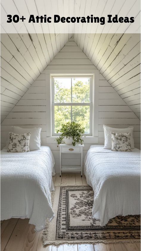 Attic guest room with two matching beds and neutral d�cor, featuring a simple design that emphasizes the sloped ceiling Bedroom In Attic Sloped Ceiling, Dormer Interior Ideas, Sloped Ceiling Room Ideas, Sloped Ceiling Master Suite, Attic Guest Room Sloped Ceiling, Small Attic Bedroom Ideas Slanted Walls, Attic Bedroom Designs Layout, Rustic Attic Bedroom, Attic Bedroom Ideas Slanted Walls