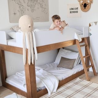 Harper & Bright Designs Full-over-Full Bunk Bed with Twin Trundle - On Sale - Bed Bath & Beyond - 32163211 Small Shared Sister Bedroom, Bunk Beds Ideas For Kids, Shared Kids Room Bunk Beds, Toddler Boy Bunk Bed, Short Bunk Beds For Kids, Loft Bed And Crib Shared Room, Crib Mattress Bunk Beds, Low Profile Bunk Beds, Toddler Boy Room Bunk Bed