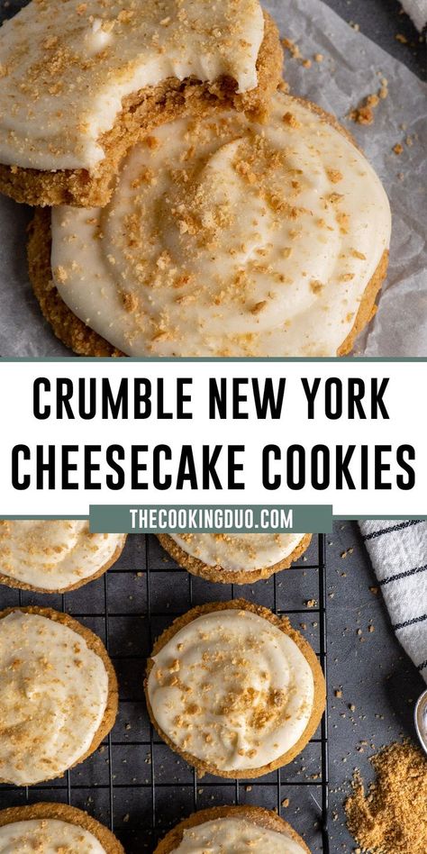 New York cheesecake cookies on a cooking rack. New York Cream Cheese Cookies, New York Cheesecake Crumble Cookie, New York Cheesecake Cookies Recipes, Crumbl Cookie Copycat Cream Cheese Frosting, Crumble Cookie Copycat Recipe Cheesecake, Copycat Twix Crumbl Cookies, Keto Copy Cat Crumble Cookie, Crumbl New York Cheesecake Cookie, Crumbl Cookie Copycat New York Cheesecake