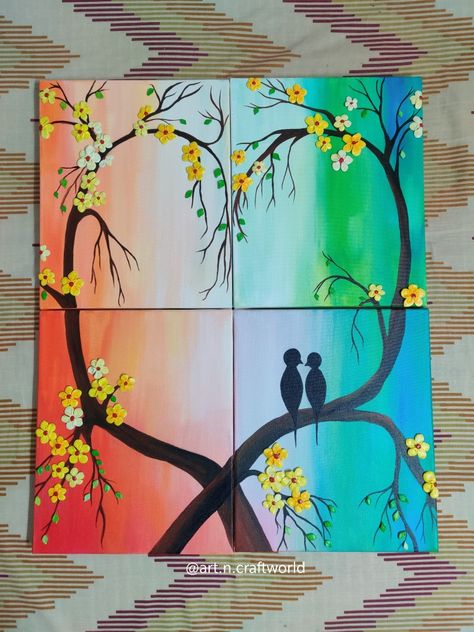 Split Paintings Canvases, Split Paintings, Mouldit Clay, Couple 4, Bird Couple, Tree Heart, Drawing Techniques, Decor Living, Acrylic Colors