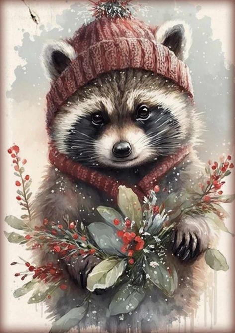 Novogodisnje Dekoracije, Raccoon Painting, Christmas Raccoon, Raccoon Art, Wallpaper Christmas, Felt Pictures, Craft Images, Owl Pictures, Christmas Owls