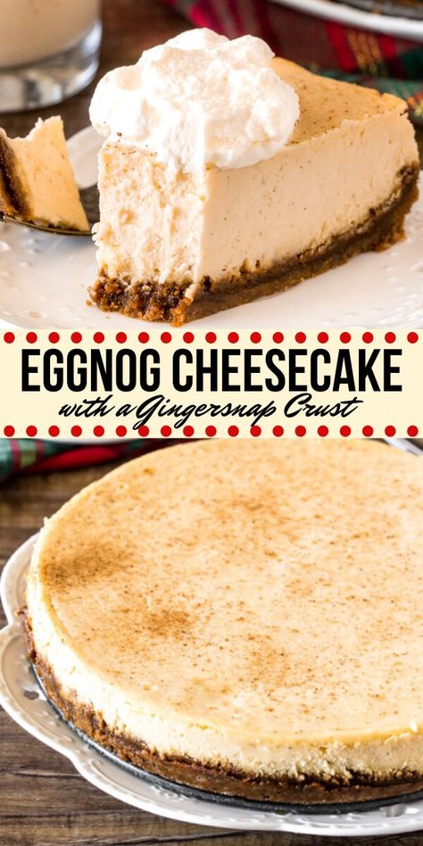 Eggnog Cheesecake With Gingerbread Crust, Eggnog Cheesecake With Gingersnap Crust, Eggnog Cheesecake No Bake, Egg Nog Cheesecake Recipe, Eggnog Cheesecake Pie, Dessert Recipes Christmas, Gingerbread Crust, Christmas Dinner Parties, Cheesecake Christmas