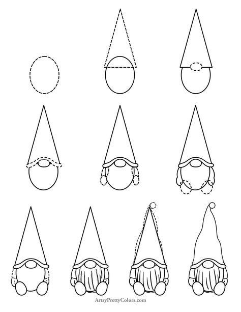 Drawing a gnome is easy. Just follow our simple step by step tutorial so you can draw your own mystical woodland  gnomes. Color the hat red to turn him into a Christmas gnome!
#drawinglesson #artlesson #drawingtutorial How To Draw A Mushroom Step By Step, How To Draw Step By Step Easy, Draw A Gnome, Trin For Trin Tegning, Easy Christmas Drawings, Gnome Paint, Gnome Pictures, Gnome Tutorial, Tutorial Drawing