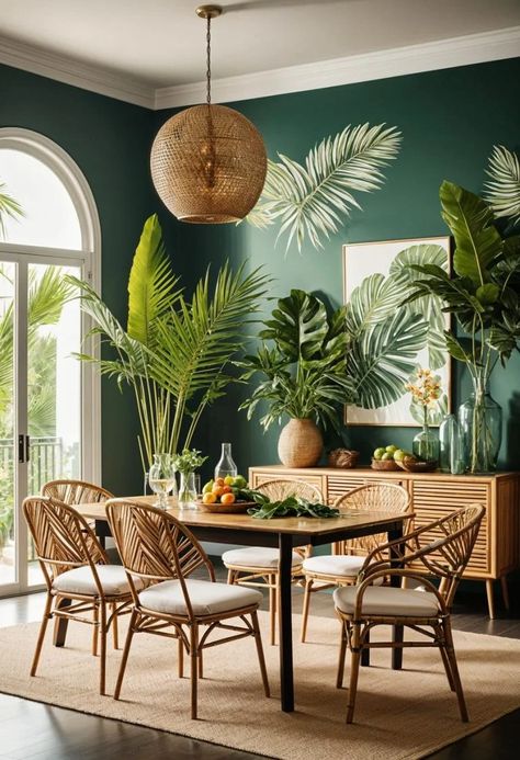 20 Chic Dining Room Ideas To Copy 8 Dining Room Aesthetic Modern, Boho Dining Room Inspiration, Oak Decorating Ideas, Tropical Dining Room Decor, Boho Kitchen Table And Chairs, Tropical Home Interior Design, Florida Home Aesthetic, Dining Room With Plants, Dining Room Plants