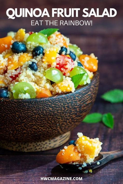 Quinoa Fruit Salad is a bright gluten-free healthy summer salad with seasonal fruits such as mangos, apricots and blueberries tossed with quinoa, mint and a zippy citrus honey lime dressing. #HWCMagazine #fruitsalad #potluck #dishtopass #salad #fruit #quinoa #glutenfree #quinoasalad / https://www.hwcmagazine.com Fruit Salad Spring, Fruit Meals, Quinoa Fruit Salad, Corn And Beans, Healthy Fruit Salad, Honey Lime Dressing, Honey Dressing, Lunch Packing, Citrus Dressing