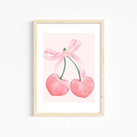 Cherry Room Aesthetic, Apartment Decor Girly, Aesthetic Apartment Decor, Cherry Poster, Cherry Wall Art, Cherries Painting, Coquette Design, Room Decor Pink, Preppy Art