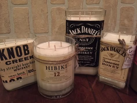 Repurpose Liquor Bottles Ideas, Liquor Bottle Candles Diy, Jack Daniels Bottle Diy, Things To Do With Liquor Bottles, Alcohol Candles Diy, What To Do With Old Whiskey Bottles, Whiskey Bottle Candle, Old Alcohol Bottles Diy, Jack Daniels Crafts