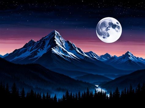 Night Mountain Painting, Mountains At Night, Dark Mountains, Mountain Pictures, Painting Reference, Mountain Painting, Mountain Photos, Night Painting, Mountain Paintings