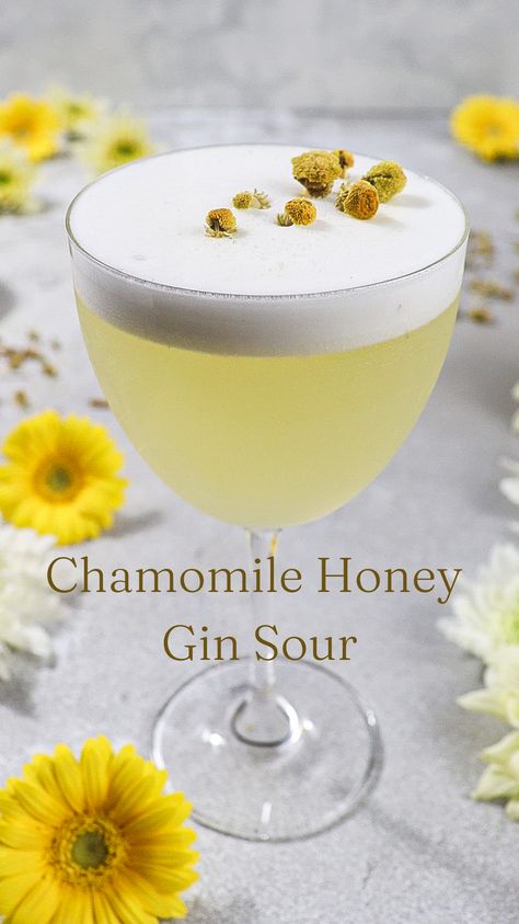 Chamomile Tea Cocktail, Camomile Recipe, Shrub Cocktail Recipes, Tea Based Cocktails, Dandelion Cocktail, Chamomile Mocktail, Honeysuckle Cocktail, Chamomile Cocktail, Botanical Recipes