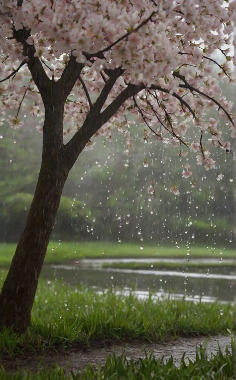 Rain In Spring Aesthetic, Cherry Blossom Aethstetic, Flowers In The Rain Aesthetic, Rainy Spring Aesthetic, Spring Rain Aesthetic, Rainy Wallpaper Aesthetic, Summer Rain Aesthetic, Flowers And Rain, Rain View