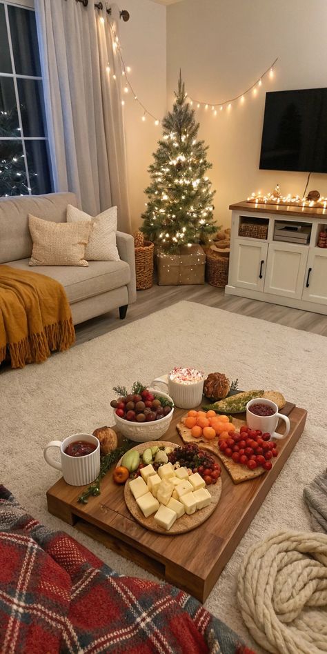 Host the ultimate winter gathering with this cozy and festive setup! A charcuterie centerpiece, warm floor seating, and twinkling fairy lights create an inviting space for friends and family. Perfect for casual get-togethers or holiday celebrations. Don’t forget the hot cocoa bar for an extra touch of warmth and charm. Save this pin for your next holiday party inspiration! 🎉☕ #HolidayGathering #WinterPartyIdeas #CozyGetTogether #SeasonalDecor #FestiveVibes Cozy Nye At Home, Winter Hosting Ideas, Cozy Christmas Party Ideas, Cozy Party Ideas, Charcuterie Centerpiece, Cozy Winter Party, Cozy Christmas Party, Hot Chocolate Party, Winter Gathering