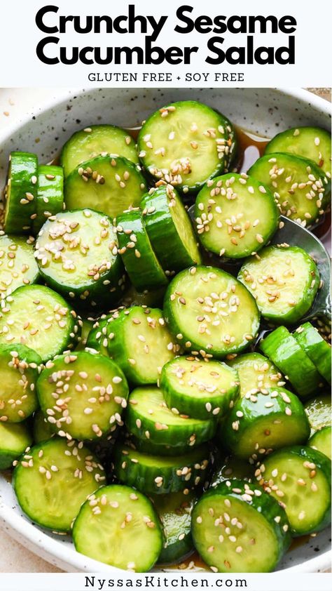 This crunchy sesame cucumber salad is an easy, refreshing side dish made with a simple sesame oil and rice vinegar dressing. Inspired by the Japanese dish sunomono, it has a crave-worthy crunchy texture, with light and well-balanced flavors that make the perfect pairing for many Asian meals. Our version is made using coconut aminos instead of soy sauce (though you could use either), is gluten free, and naturally sweetened. Rice Vinegar Dressing, Sesame Cucumber Salad, Garlic Ginger Chicken, Japanese Cucumber Salad, Salad Gluten Free, Creamy Corn Casserole, Gluten Free Salmon, Japanese Cucumber, Asian Meals