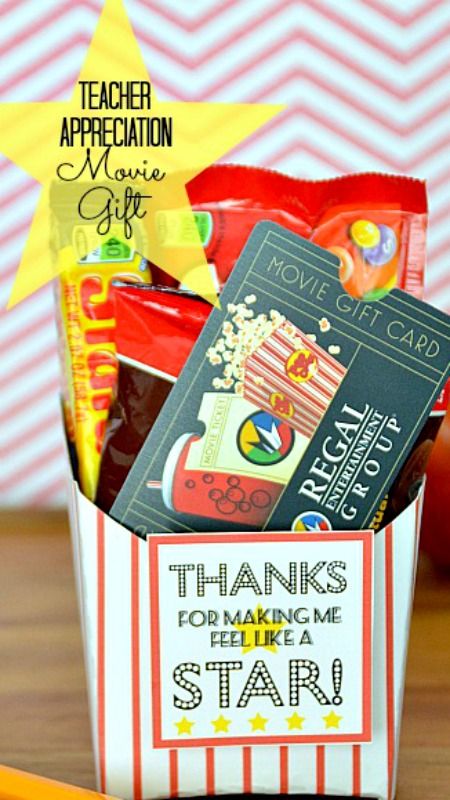 Teacher Appreciation gift: Movie gift card idea ~  a FREE striped fry box template and Tags that say “Thanks for Making Me Feel Like a STAR”... fill with candy and then add a gift card to your local theater. Diy Teacher Christmas Gifts, Cheap Teacher Gifts, Teacher Gift Printables, Teacher Gift Baskets, Teacher Appreciation Gift Ideas, Gift Ideas For Teachers, Teacher Appreciation Ideas, Teachers Appreciation, Movie Card