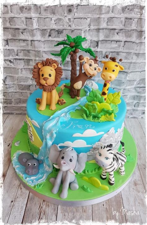 Happy jungle cake by Sweet cakes by Masha Gateau Baby Shower Garcon, Jungle Safari Cake, Jungle Birthday Cakes, Zoo Cake, Jungle Theme Cakes, Animals Cake, Baby Boy Birthday Cake, Jungle Thema, Animal Birthday Cakes