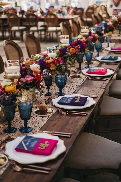 Jewel Tone Wedding Theme, Jewel Tone Wedding Colors, Mystic Wedding, Jewel Tone Wedding, Boda Mexicana, Wedding Floral Centerpieces, Jewel Tone Colors, Mexican Wedding, Long Table