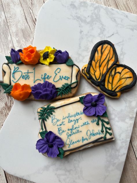 Best Life Wver. floral Cookies Butterfly Cookies Monarch Best Life Ever Jw, Kitchen Cookies, Icing Decorations, Best Life Ever, Icing Design, Jw Pioneer Gifts, Jw Pioneer, Pioneer Gifts, Jw Gifts