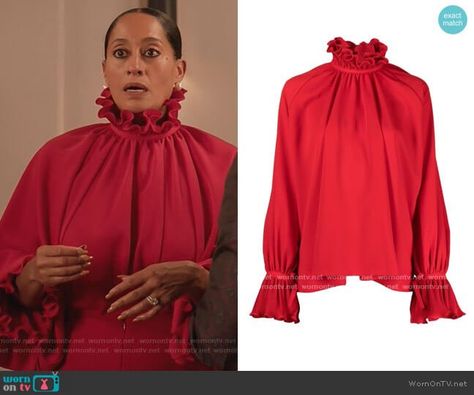 Rainbow’s red ruffle neck blouse. Outfit Details: https://wornontv.net/263897/ %23Blackish Rainbow Johnson, Blouse Pictures, Black Ish, Rainbow Top, Ruffle Neck Blouse, Ruffle Collar Blouse, Tracee Ellis Ross, Ruffle Collar, Blouse Outfit