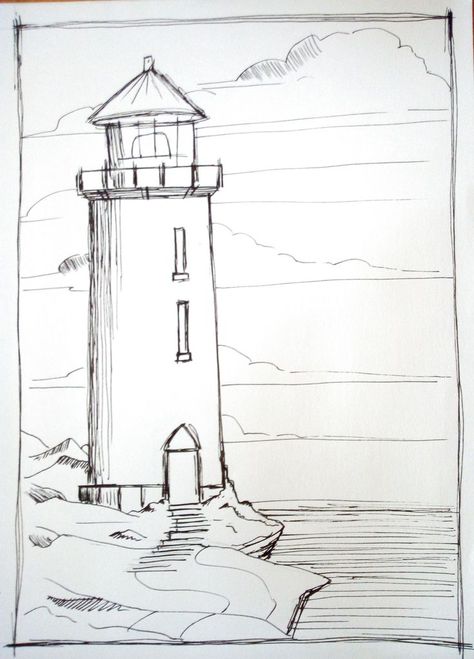 Drawing Of Lighthouse, A4 Sketchbook Ideas, How To Draw A Lighthouse, Light House Drawing Sketches, Pinocchio Drawing, Lighthouse Sketch, Lighthouse Drawing, Abstract Pencil Drawings, Boat Drawing