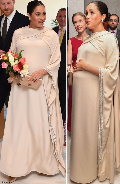 2/24/2019 MOROCCO British Ambassador's Residence reception - The Duchess looked radiant in a cream custom made Dior gown for the evening. The Moroccan-inspired, kaftan-style piece was a perfect choice for the occasion and another sartorial nod to her host country. Meghan has turned to Dior for several important events since the wedding, and they've always succeeded in creating classic, elegant and timeless pieces suited to the events she's attending. Meghan Markle Harry, Boubou Gown, Princ Harry, Dior Gown, Evening Reception, Duchess Meghan, Prins Harry, Meghan Markle Style, Principe Harry