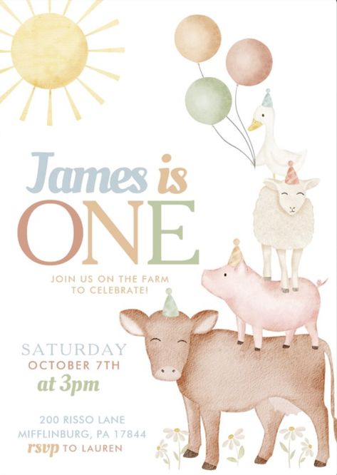 Barnyard Animals Birthday Party, Farm Animals Invitations, Girls Farm Birthday, 2nd Birthday Party For Boys, Barnyard Birthday Party, Animal Birthday Invitation, Farm Animal Party, Farm Animals Birthday Party, Farm Themed Birthday Party