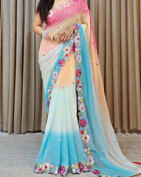 Trending *very soft Georgette Multi embroidery and sequins cutt work border saree with ready-made blouse and tussles👚* ▪️Blouse details Readymade georgette Multi embroidery & sequins work blouse with pad (making size 38” + margin upto 42 max) ■ *note: size wise Customisation also available as per customers request* *100% Authentic product* Dm for order whatsup 8309874411 or Dm to @hansicollections inbox folder #hansicolletions #sareestyleblogger #trendingreels #instagood #fashion. #... Multicolour Saree, Trendy Saree, Bollywood Designer Sarees, Embroidery Sarees, Saree Beautiful, Saree Bollywood, Blouse Embroidery, Saree Blouse Patterns, Designer Saree Blouse Patterns