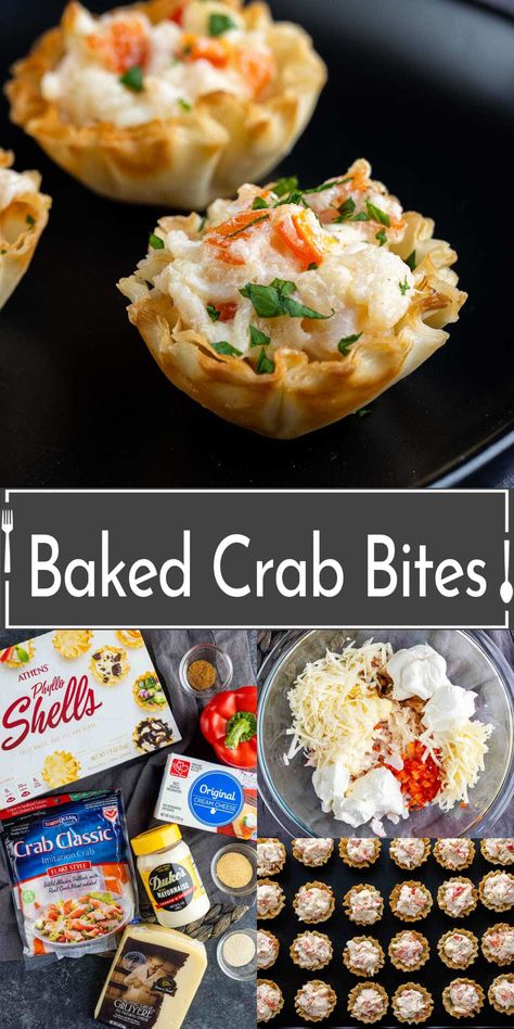 These easy Baked Crab Bites make for the ultimate bite-sized appetizer at parties. The combination of a creamy and savory crab filling with a light, crisp pastry makes them one of the perfect finger foods for parties. Delish Crab Cake Bites, Appetizer Recipes Crab, Fish Finger Food Ideas, Seafood Snackers Recipes, Lobster Puff Pastry Appetizers, Fish Hors D’oeuvres, Wedding Appetizer Recipes, Crab Party Food, Party Seafood Ideas