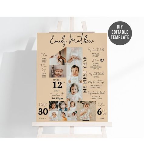 EDITABLE First Birthday Milestone Board, Number Milestone Sign, One Year Photo Collage Template One Year Photo Board, First Birthday Milestone Board, Year Board, Wedding Photo Collage, First Birthday Milestone, Birthday Milestone Board, Milestone Board, Foto Collage, Collage Foto