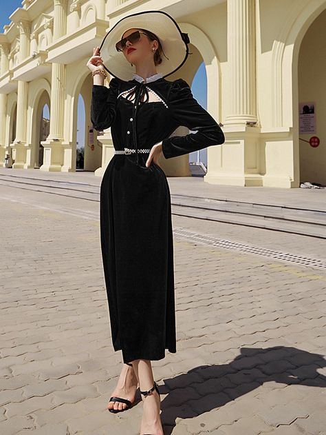 SHEIN Modely Frill Tie Neck Puff Sleeve Velvet Dress Without BeltI discovered amazing products on SHEIN.com, come check them out! Sleeved Velvet Dress, Mesh Maxi Dress, 2021 Fashion, Fashion Lady, Vestidos Vintage, 1940s Fashion, Mode Inspo, Mode Vintage, Korean Outfits