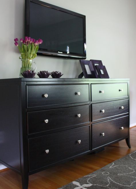 The Yellow Cape Cod: Dramatic Master Bedroom Makeover~Before and After Black Dresser Decor, Apartment Decorating Black, Bedroom Makeover Before And After, Rooms To Go Furniture, Tv Mounted, Black Dresser, Black Bedroom Furniture, Black Bedroom, Bedroom Black