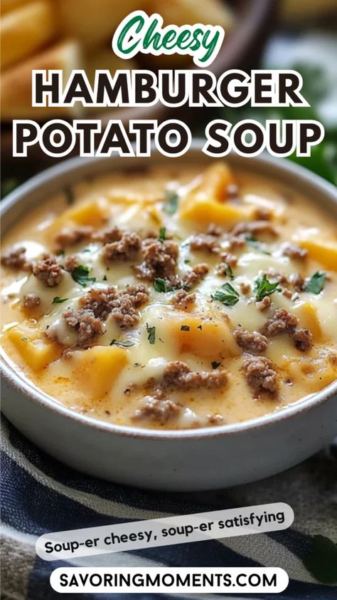 Hamburger Soup In Crockpot, Ground Beef Recipes For Dinner Easy Soup, Potato Hamburger Soup Crockpot, Easy Hamburger Soup Recipe, Potato Soup With Hamburger Meat, Cheese Hamburger Soup, Meals That Are A Warm Hug, Cheeseburger Soup Stovetop, Hamburger And Potato Recipes