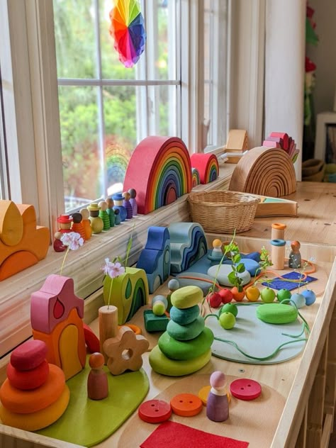 Magical open ended wooden toys by Grimm's and Grapat. Beige Mom, Waldorf Playroom, Grimm's Toys, Rocking Cradle, Waldorf Inspired Toys, Montessori Playroom, Kids Armchair, Wooden Building, Wooden Rocking Chairs