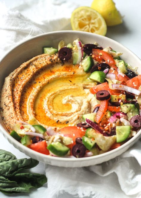 Loaded Hummus – It's All Good Vegan Loaded Hummus, Retreat Food, Hummus Bowl, Crunch Salad, Garlic Hummus, Vegan Dips, Delicious Veggies, Salad Toppings, Pickled Veggies