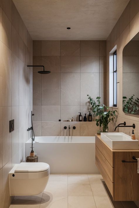 Achieve a harmonious bathroom design with soft beige tiles, clean lines, and greenery. A perfect blend of minimalism and nature for a welcoming atmosphere. #MinimalistBathroom #BathroomDesign #NatureInspiredDecor #NeutralBathroom #BathroomGoals #ClutterFreeLiving #GreeneryDecor #WarmInteriors #BathroomInspo #InteriorStyling Bathroom Inspo Neutral, Scandinavian Bohemian Bathroom, Tiny Mcm Bathroom, Natural White Bathroom, Cream Wood Bathroom, Beige Bathroom Remodel Ideas, Light Modern Bathroom Design, Terazzo Floor Interior Bathroom, Beige Spa Bathroom