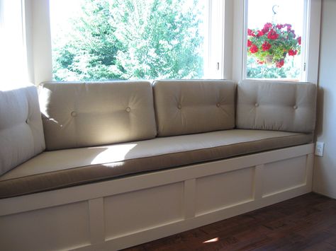 Shaker-style front on window bench. Bay Window Seat Ideas, Bay Window Seats, Modern Bay Window, Bay Window Seat Cushion, Bay Window Seating, Bay Window Benches, Custom Window Seat Cushion, Custom Window Seat, Bay Window Cushion