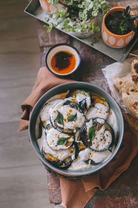 Doi Begun (Eggplant In Spiced Yogurt) - Bengali Cuisine Playful Cooking Eggplant Yogurt Recipe, Roasted Eggplant Slices, Bengali Cuisine, Cooking Eggplant, Indian Side Dishes, Bengali Food, Roasted Eggplant, Summer Meal, Yogurt Recipes