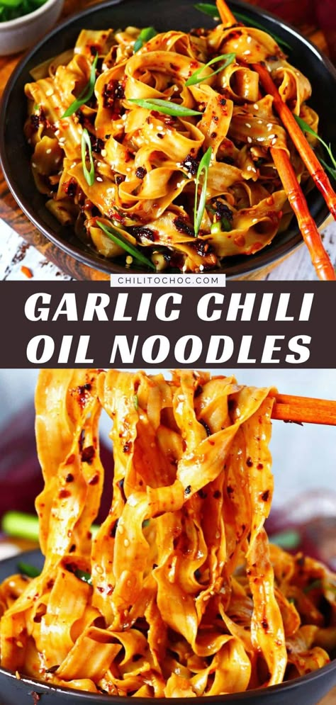 Make these quick and easy Chili Oil Noodles in only 10 minutes! These spicy garlicky noodles take all your favorite flavours and combine them into one magical dish. 10 Minute Garlic Chili Oil Noodles, Spicy Chili Oil Noodles, Korean Chili Oil Noodles, Easy Dinner Recipes For First Time Cooks, Garlic Chili Oil Noodles Recipe, Chili Garlic Rice Noodles, Noodles With Chili Oil, Ramen Chili Oil, Chilli Crunch Oil Recipes