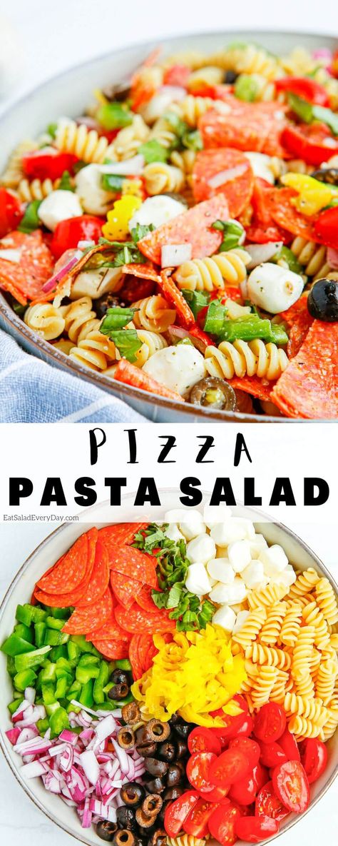 PIZZA PASTA SALAD + Eat Salad Every Day Pizza Salad Recipe, Salads With Pasta, Pizza Pasta Salad, Salad Pizza, Winter Salad Recipes, Side Salad Recipes, Easy Lasagna Recipe, Prep Meals, Keto Side