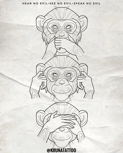 Hear no evil see no evil speak no evil monkey tattoo design See No Evil Monkey Tattoo, See No Evil Monkey, No Evil Tattoo, Chest Tattoo Stencils, Half Sleeve Tattoo Stencils, Egyptian Drawings, Tattoo Printer, Monkey Drawing, See Tattoo