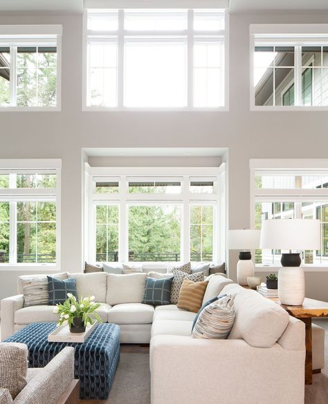 Choosing to go without window treatments for your floor-to-ceiling windows not only maximizes natural light, creating a bright and airy space, but also allows you to fully appreciate the stunning outdoor views. ⁠ ⁠ This choice emphasizes clean lines and a minimalist aesthetic, making the room feel more spacious and connected to nature. Plus, with unobstructed windows, your living room becomes a true showpiece of modern design.⁠ ⁠ 📸 @whearle_photography Overall Design, Floor To Ceiling Windows, Minimalist Aesthetic, The Natural, Room Interior, Window Treatments, Sectional Sofa, Natural Light, Sectional