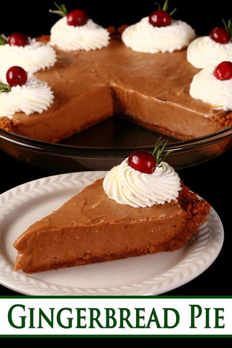 A gingerbread pie, garnished with whipped cream, cranberries, and tiny sprigs of rosemary. Gingerbread Pie, Christmas Pie Recipes, Christmas Morning Recipes, Minnesota Food, Winter Holiday Recipes, Easy Gingerbread, Cranberry Pie, Christmas Pie, Holiday Party Foods