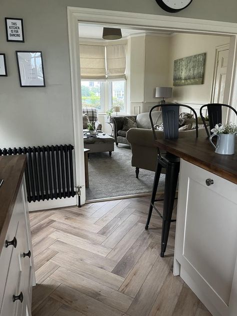 Add a striking element to an interior with this premium herringbone vinyl floor, featuring a timeless oak finish. Herringbone Kitchen Floor, Herringbone Vinyl Floor, Herringbone Kitchen, Wooden Worktops, Underfloor Heating Systems, Herringbone Floor, Kitchen Views, Grey Flooring, Vinyl Floor