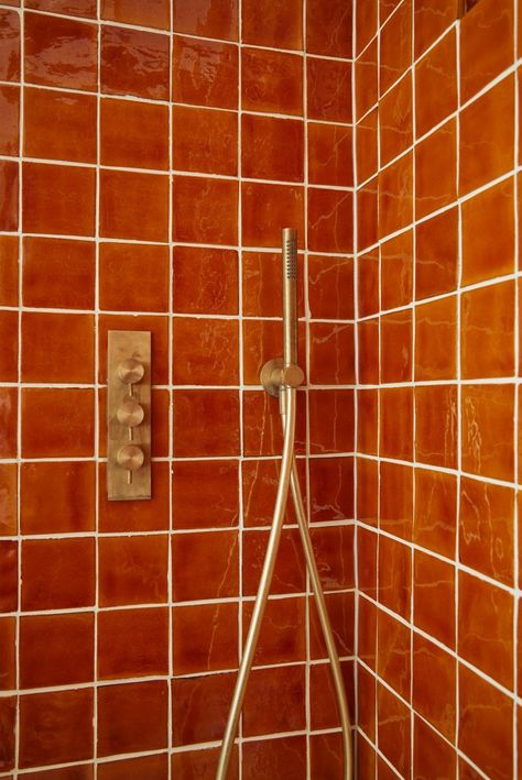 Glazed+Orange+Tiles+ Orange Bathroom Tiles, 70s Bathroom Aesthetic, Orange Tile Bathroom, Burnt Orange Bathroom, 70s Bathroom, Orange Tile, 50s House, Orange Tiles, Orange Bathrooms